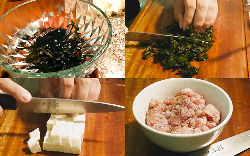 Các nguyên liệu tươi ngon để nấu canh đậu phụ rong biển: rong biển khô, đậu hũ non và thịt băm.