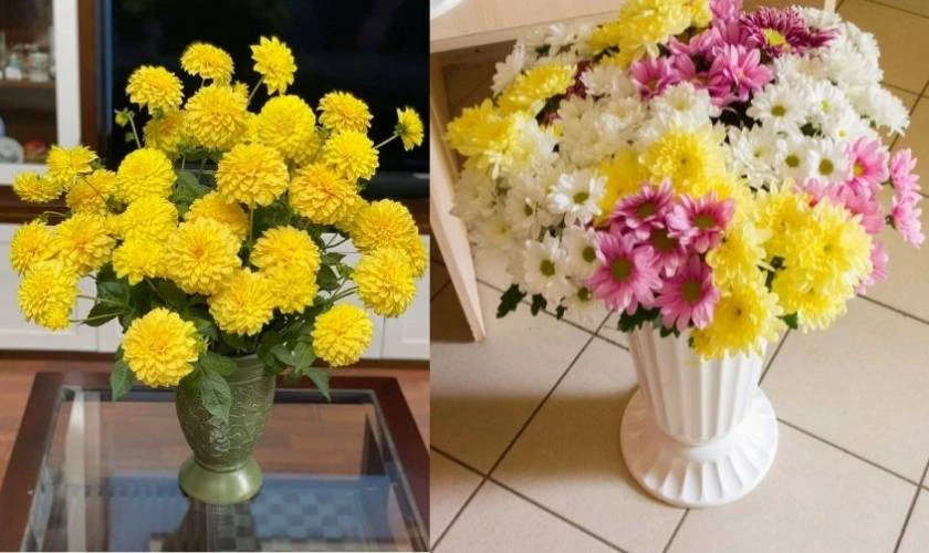 Cách cắm hoa bàn thờ đẹp với bình hoa cúc kim cương, đơn giản nhưng tinh tế