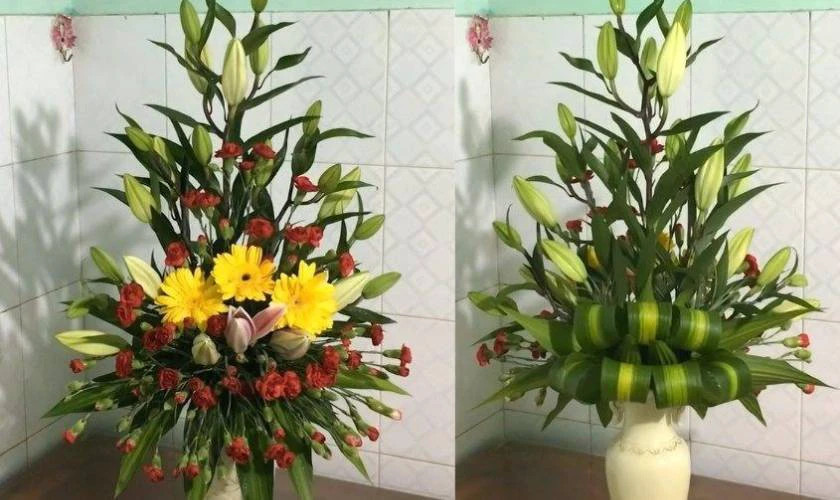 Cách cắm hoa bàn thờ đẹp với bình hoa lay ơn đỏ tươi và các loại lá xanh trang trí
