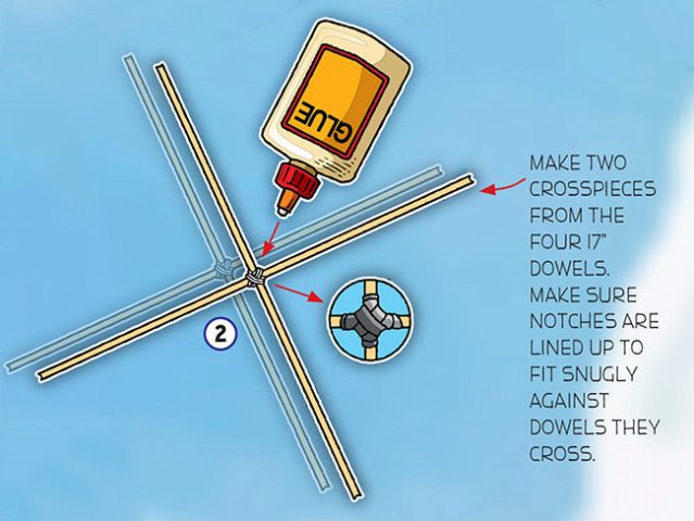 Cách làm diều thùng: Nối các thanh gỗ tạo khung đỡ chữ thập ban đầu