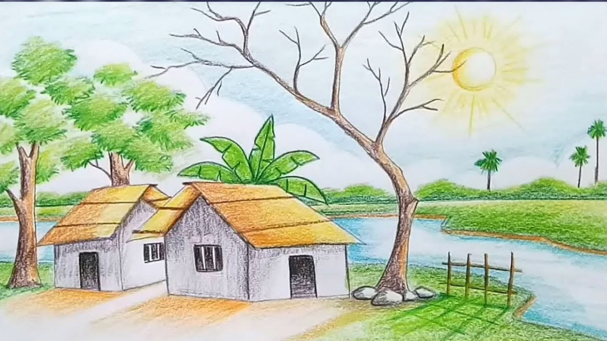Cách vẽ tranh phong cảnh quê hương: Dòng sông uốn lượn và núi đồi