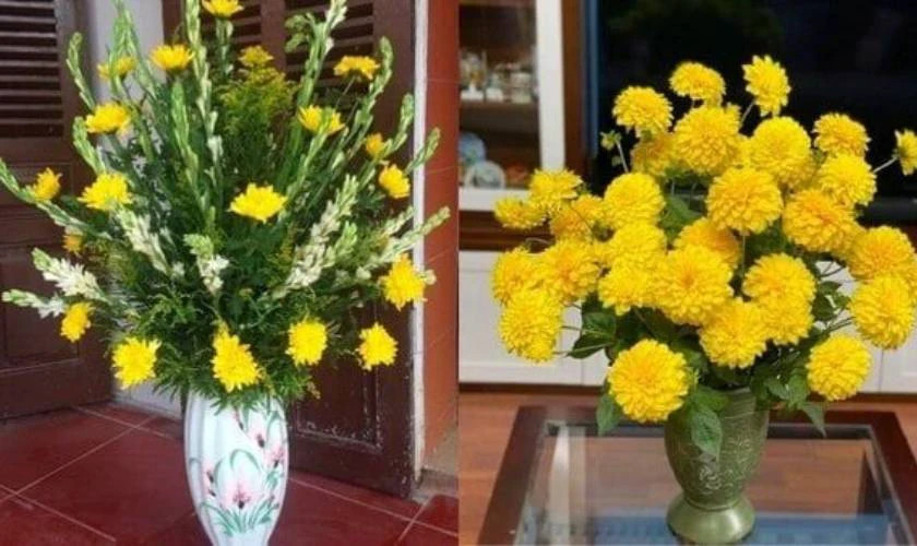 Cắm các cành hoa cúc chính vào giữa bình, tạo bố cục cân đối cho cách cắm hoa bàn thờ đẹp