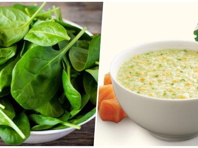 Cháo cá hồi nấu với rau cải bó xôi bổ dưỡng