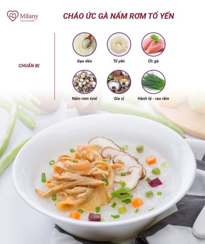 Cháo ức gà nấm rơm tổ yến cho bé trên 4 tuổi