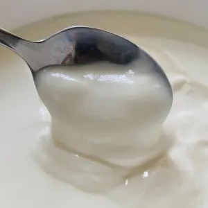 Chiếc thìa đang gắp sữa chua.