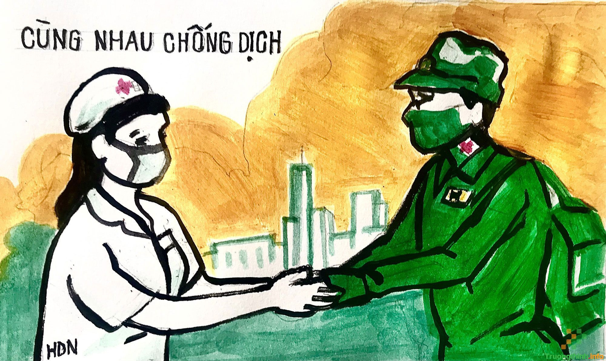 Chú bộ đội và y bác sĩ cùng nhau chống dịch