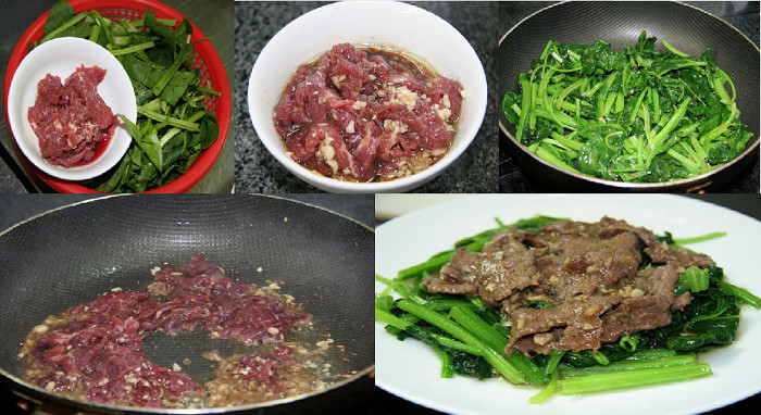 Chuẩn bị nguyên liệu cho món rau bina xào thịt bò thơm ngon