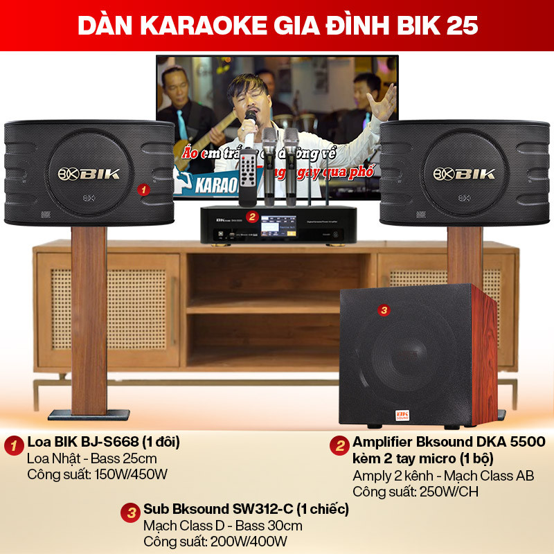 Dàn karaoke gia đình BIK 25 bao gồm loa BIK, amply BKSound và loa sub BKSound, phù hợp cho không gian giải trí rộng hơn