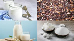 Hình ảnh cho thấy từ trái sang phải, từ trên xuống dưới: Sữa chua trong lọ thủy tinh, hạt gạo lứt đỏ, sữa đổ vào ly từ bình, đường cục và đường bột trên đĩa.
