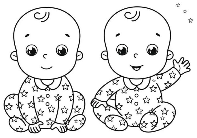 Hình ảnh hai em bé sơ sinh đáng yêu, mặc tã, nằm cạnh nhau, rất phù hợp cho bé nhỏ tô màu