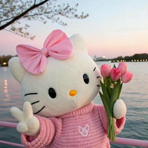 Hình ảnh Hello Kitty dễ thương trong tư thế tạo dáng đặc trưng, tràn đầy năng lượng tích cực.