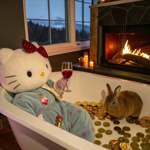 Hình ảnh Hello Kitty dễ thương trong khung cảnh mơ mộng, với ánh sáng nhẹ nhàng.