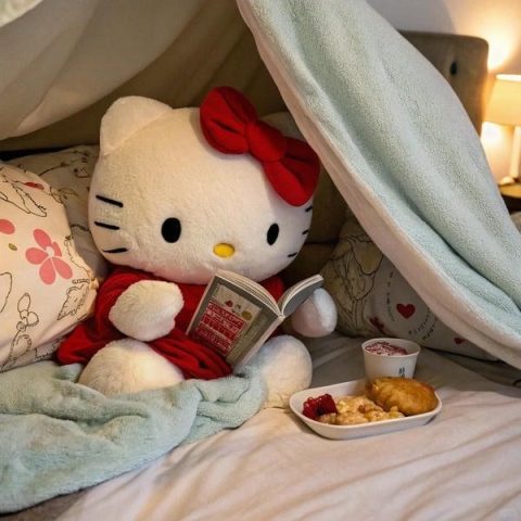 Hình ảnh Hello Kitty dễ thương trong bối cảnh sinh động, tràn đầy màu sắc.