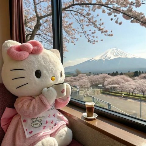 Hình ảnh Hello Kitty dễ thương mặc trang phục màu sắc tươi sáng, tạo dáng ngộ nghĩnh.