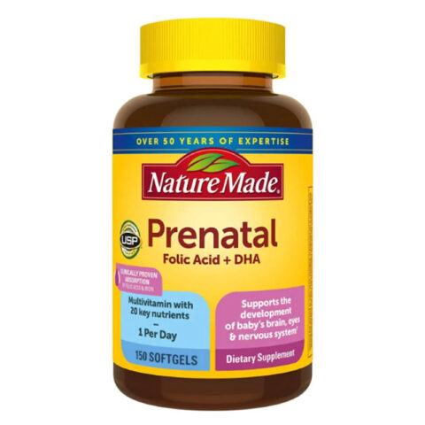 Hình ảnh lọ vitamin tổng hợp cho bà bầu Prenatal Multi + DHA của Nature Made, nhấn mạnh thương hiệu và sản phẩm chính.