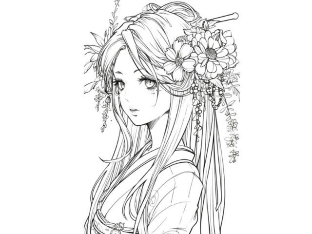 Hình tô màu anime chibi dễ thương: Công chúa Nhật Bản