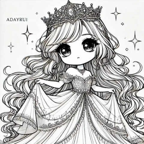 Hình tô màu công chúa anime chibi dễ thương với váy áo bồng bềnh