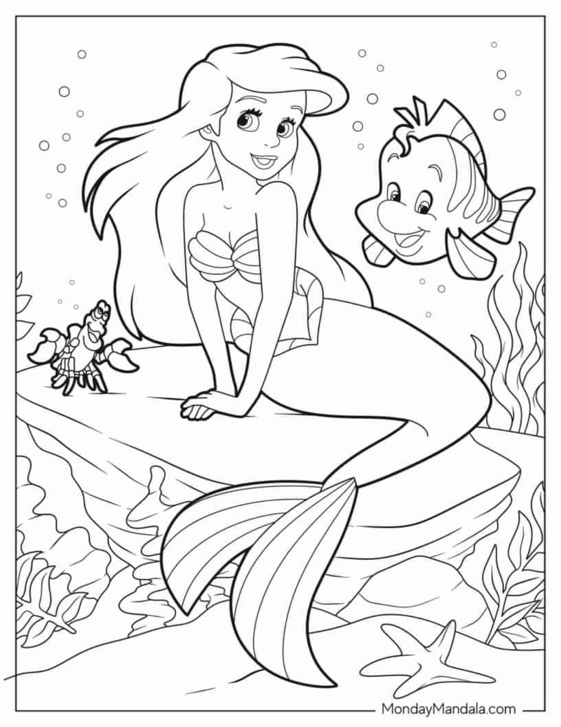 Hình tô màu nàng tiên cá Ariel ngồi trên đá