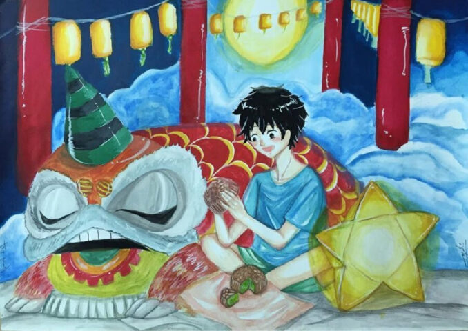 Hình vẽ trung thu cute cảnh các bé rước đèn anime dưới ánh trăng