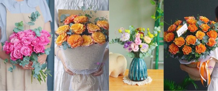 Bó hoa hồng cam, hồng phấn và cát tường được cắm tinh tế, biểu tượng cho lòng tri ân và sự ngưỡng mộ, là món quà chân thành để mừng ngày Phụ Nữ Việt Nam 20/10 cho cô giáo.