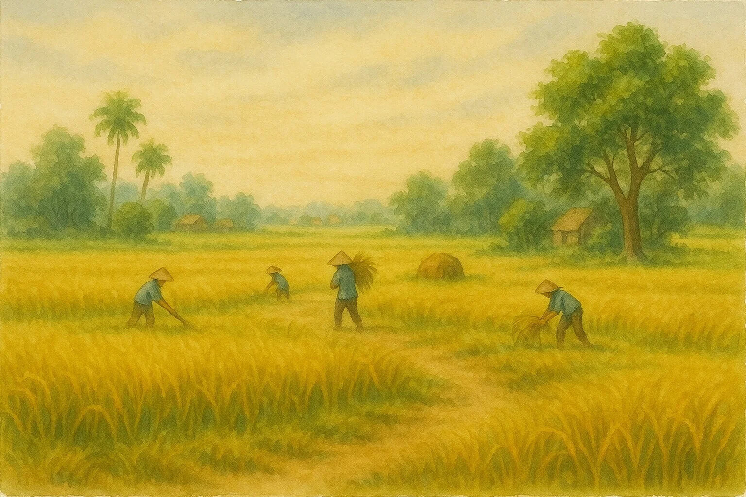 Hoàn thiện chi tiết cuối cùng cho bức tranh phong cảnh quê hương bằng màu nước.