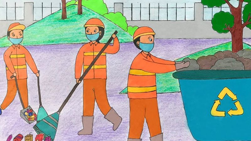 Học sinh vẽ tranh bảo vệ môi trường đẹp với hoạt động dọn dẹp đường phố