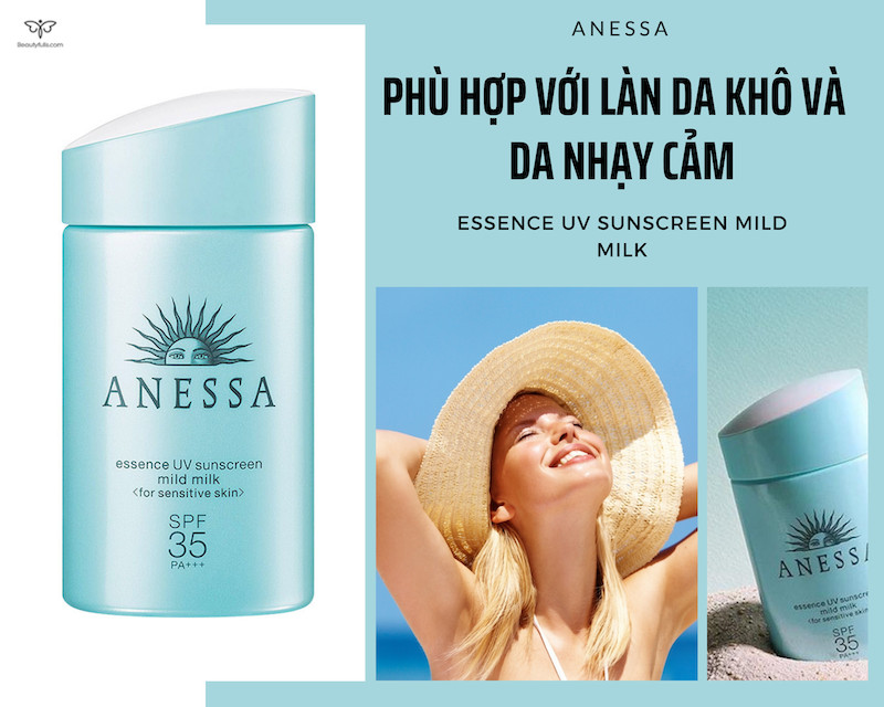 Kem chống nắng Anessa màu xanh Essence UV Sunscreen Mild Milk SPF 35 PA+++