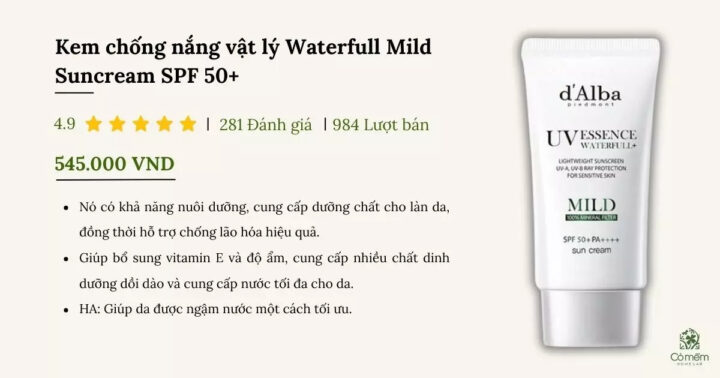 Kem chống nắng nâng tone cho da nhạy cảm d'Alba Waterfull Mild Suncream