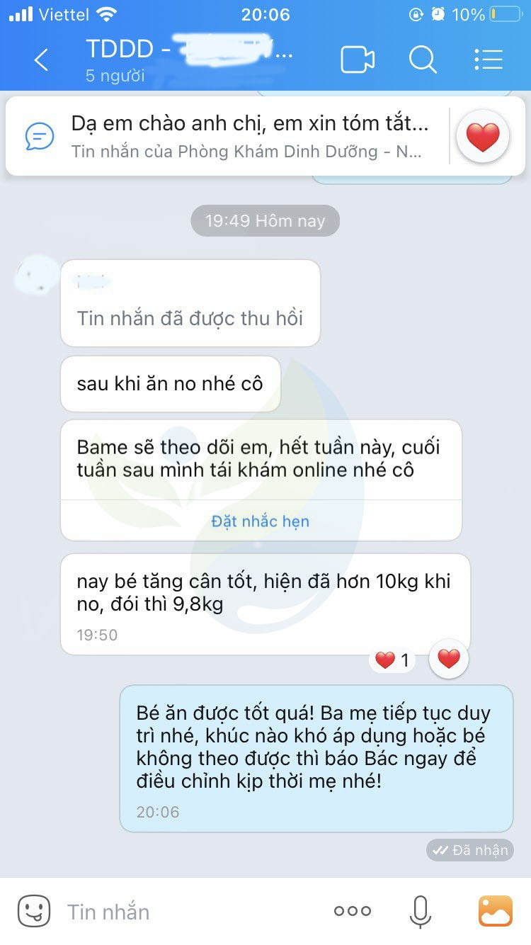 Hình ảnh tin nhắn phản hồi tích cực từ khách hàng về hiệu quả tư vấn dinh dưỡng