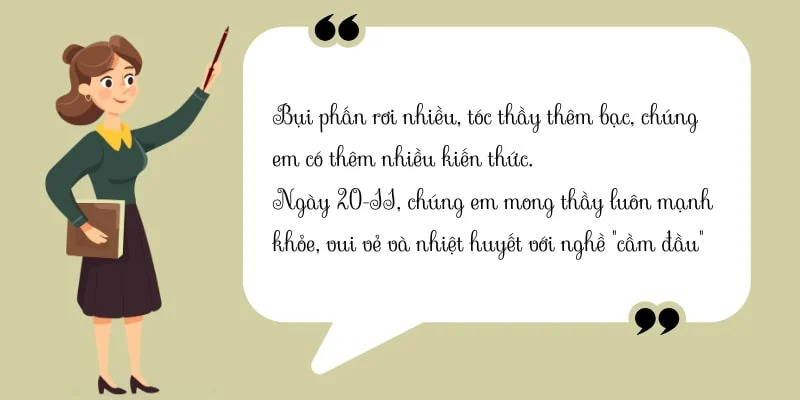 Cô giáo mỉm cười nhận lời chúc 20/11 ngắn gọn ý nghĩa hài hước từ học trò