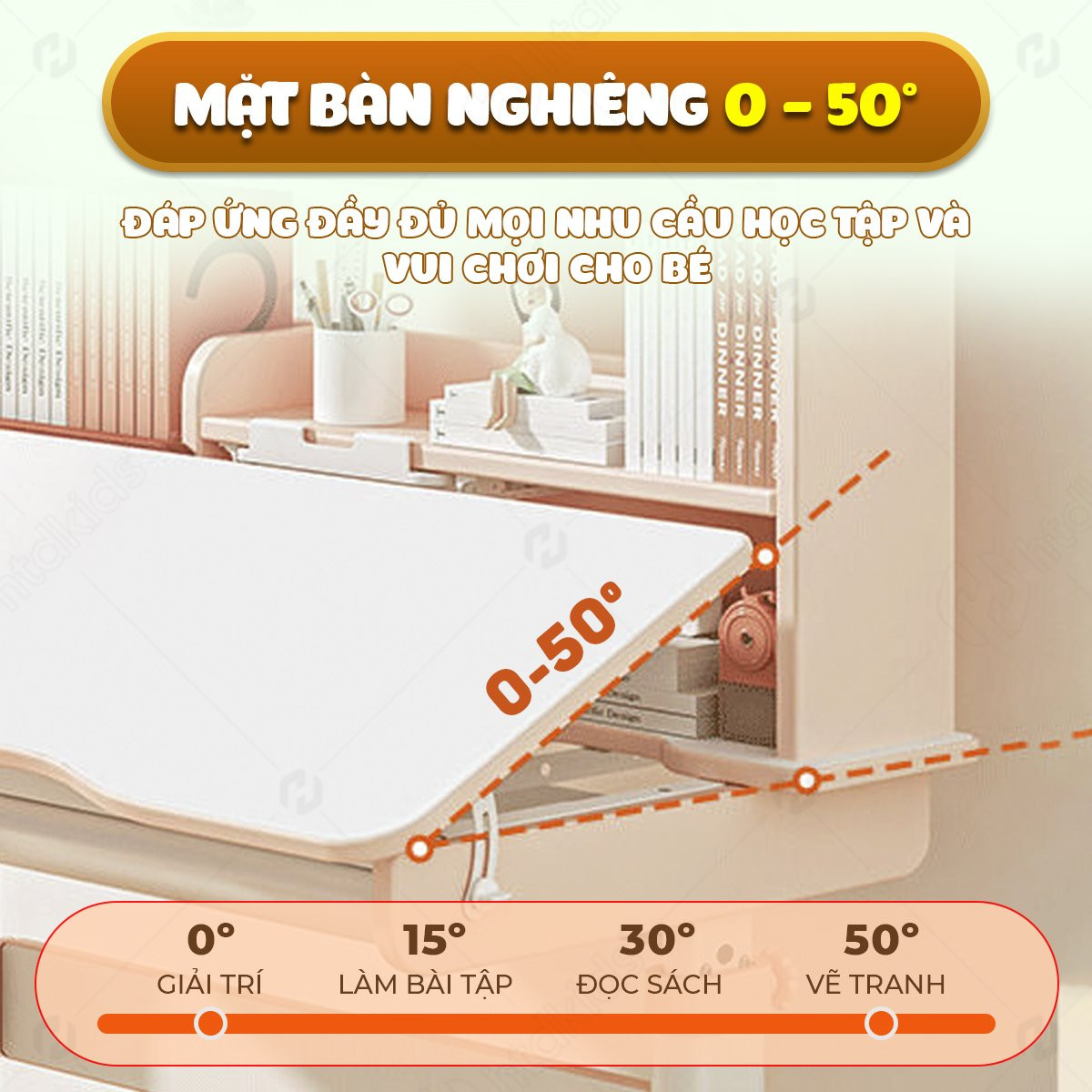 Mặt bàn của bộ bàn học chống gù lưng có thể nghiêng một góc để phù hợp với tư thế đọc sách hoặc vẽ, bảo vệ mắt và cột sống