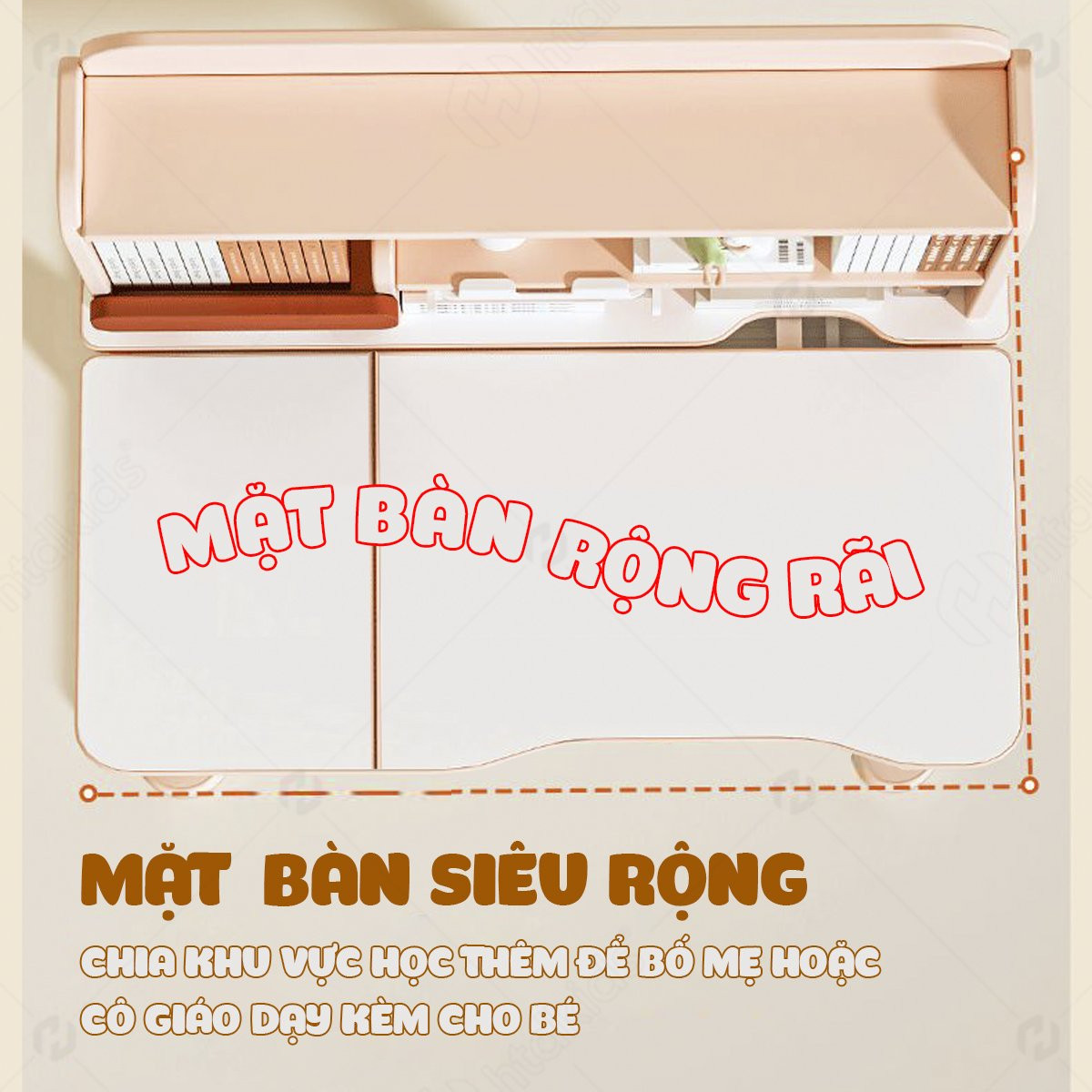 Mặt bàn của bộ bàn học chống gù lưng T100 có thể điều chỉnh độ nghiêng, tối ưu cho việc đọc, viết, vẽ