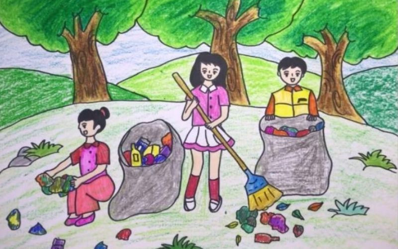 Mẫu vẽ tranh bảo vệ môi trường đẹp với hình ảnh gia đình cùng hành động