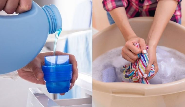Một phụ nữ đang kiểm tra nhãn mác của quần áo trước khi giặt, thể hiện sự cẩn trọng và tuân thủ hướng dẫn.