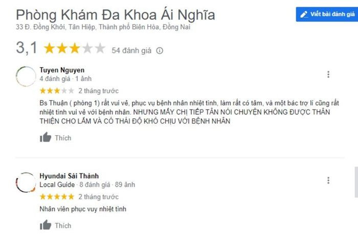 Một số đánh giá về phòng khám đa khoa Ái Nghĩa tại Biên Hòa