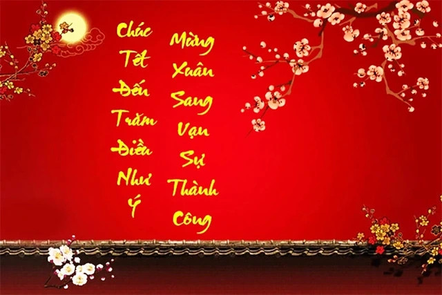 Một tấm thiệp chúc Tết với hình ảnh hoa đào, hoa mai tượng trưng cho mùa xuân và sự may mắn