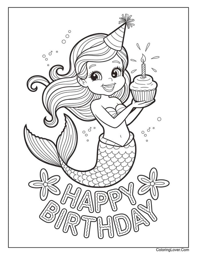 Nàng tiên cá cầm bánh cupcake chúc mừng sinh nhật