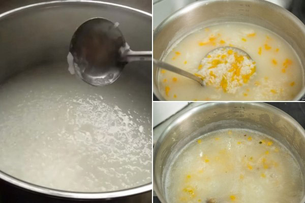 Nấu cháo bí đỏ đậu xanh thịt bằm đến khi chín nhừ