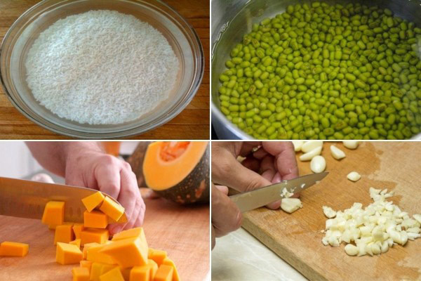 Ngâm gạo, đậu xanh, cắt nhỏ bí đỏ và băm tỏi cho món cháo bí đỏ đậu xanh thịt bằm