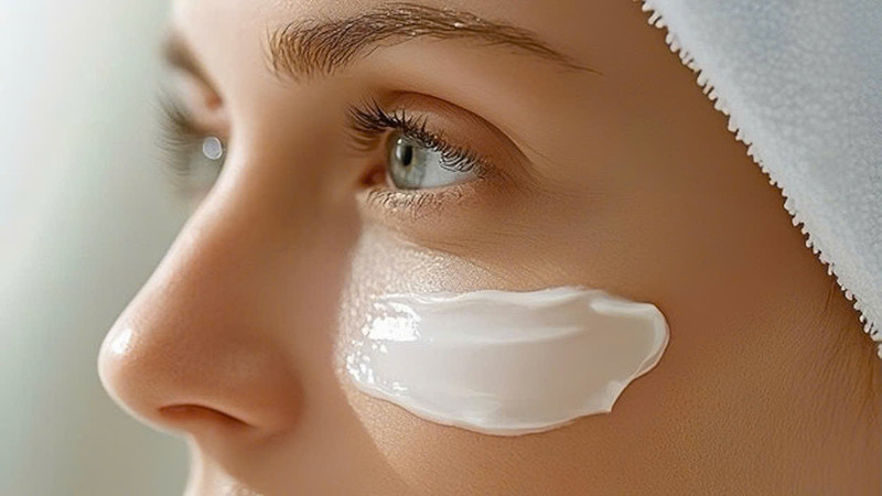 Người phụ nữ đang chăm sóc da mặt với kem trị mụn hoặc serum, minh họa tầm quan trọng của việc bôi kem trị mụn trước hay sau serum