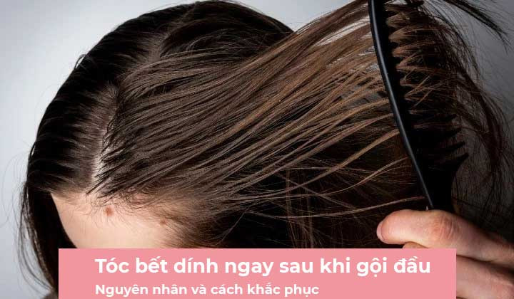 Người phụ nữ đang gội đầu nhưng tóc vẫn bết dính, minh họa tình trạng tại sao gội đầu xong tóc vẫn bết