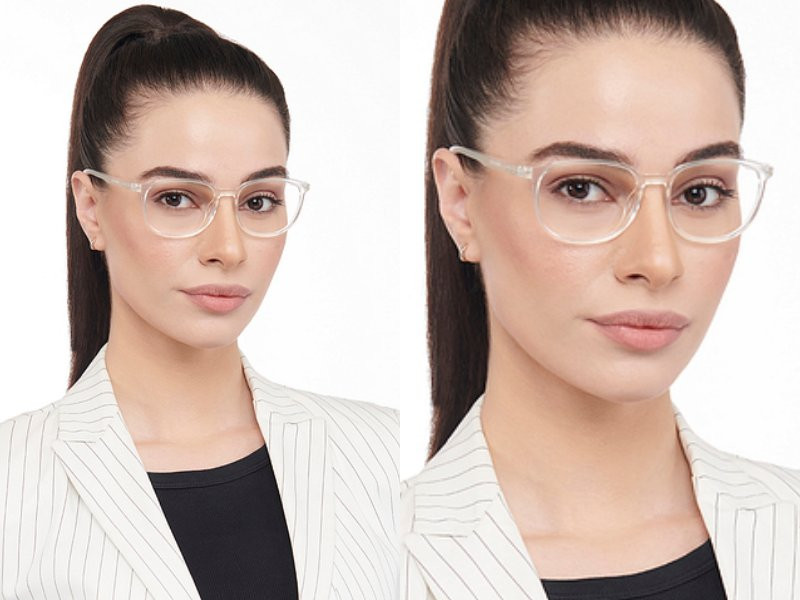 Người phụ nữ đeo kính gọng browline, minh họa kiểu kính hợp với khuôn mặt tam giác, giúp mở rộng phần trán và cân bằng quai hàm
