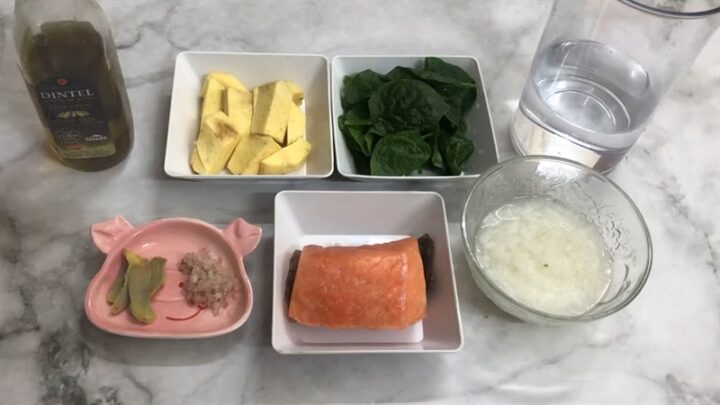 Nguyên liệu cháo cá hồi rau mồng tơi khoai lang