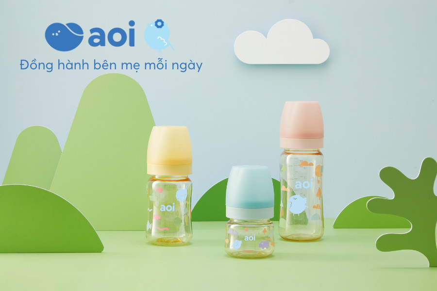 Núm ti bình sữa Aoi mềm mại với van chống sặc tích hợp