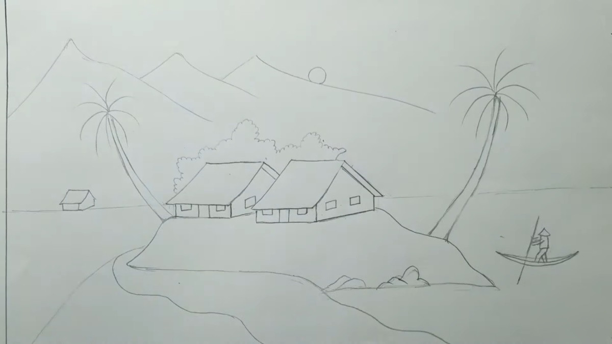 Phác thảo núi, mặt trời, ngôi nhà và đường mòn, tạo chiều sâu cho tranh phong cảnh quê hương
