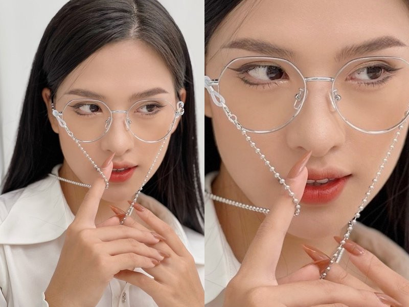 Phụ nữ đeo kính gọng tròn lớn màu vàng, minh họa kiểu kính hợp với khuôn mặt trái xoan, đa dạng lựa chọn phù hợp với mọi phong cách