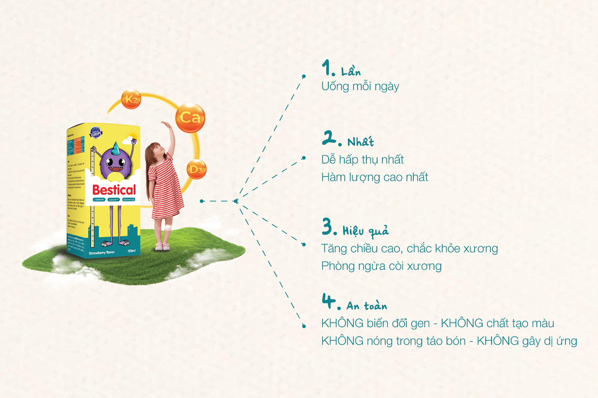 Sản phẩm Canxi Bestical D3 K2 dành cho trẻ sơ sinh từ 0-6 tháng tuổi
