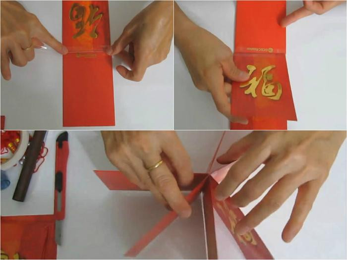 Sắp xếp và cố định ba cặp phong bao lì xì, hướng dẫn cách làm phong bao lì xì hình quyển tập