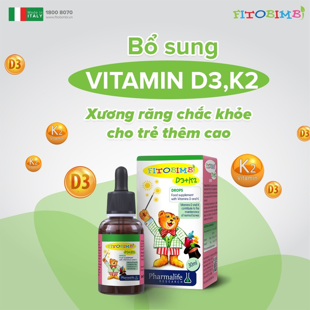 Siro Fitobimbi D3+K2 giúp hỗ trợ hấp thu canxi cho bé