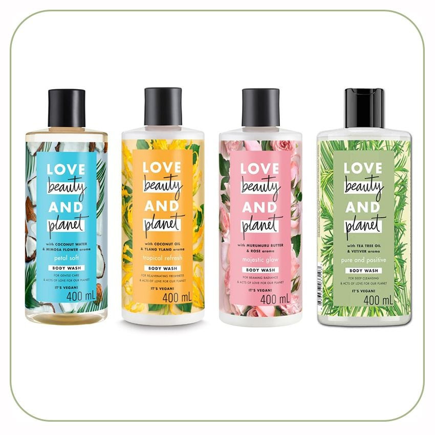 Sữa tắm Love Beauty And Planet Body Wash chai màu hồng và xanh lá cây